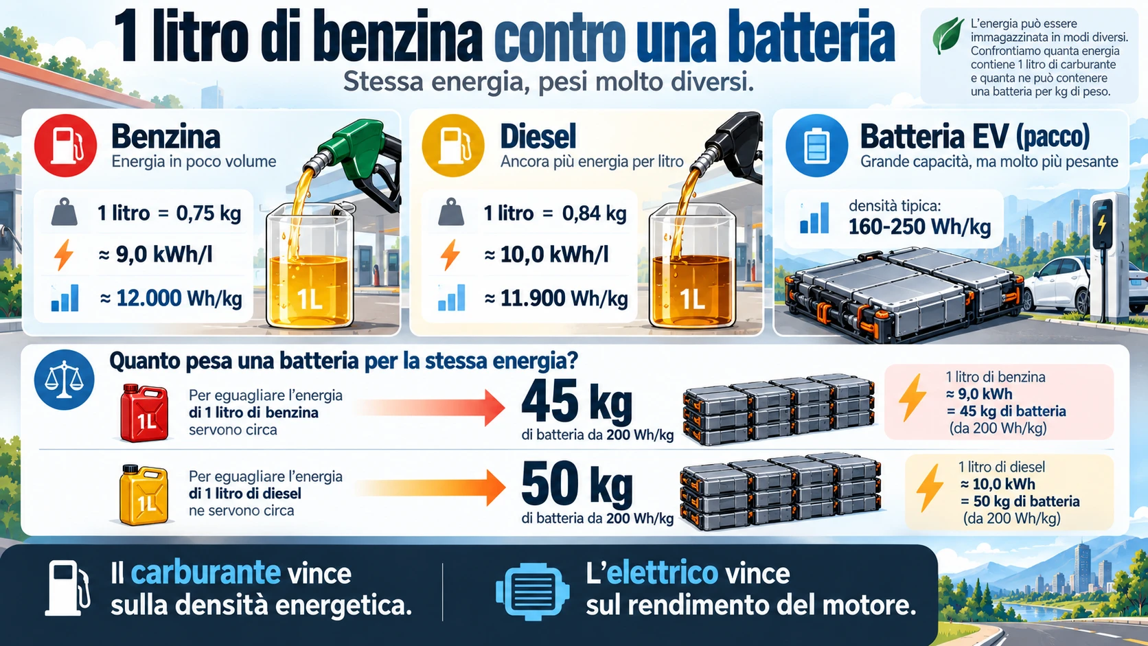 1 litro di carburante contro una batteria chi vince?