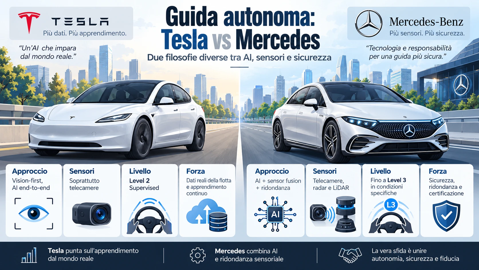 Tesla segue una filosofia tutta sua rispetto a Mercedes sulla guida autonoma